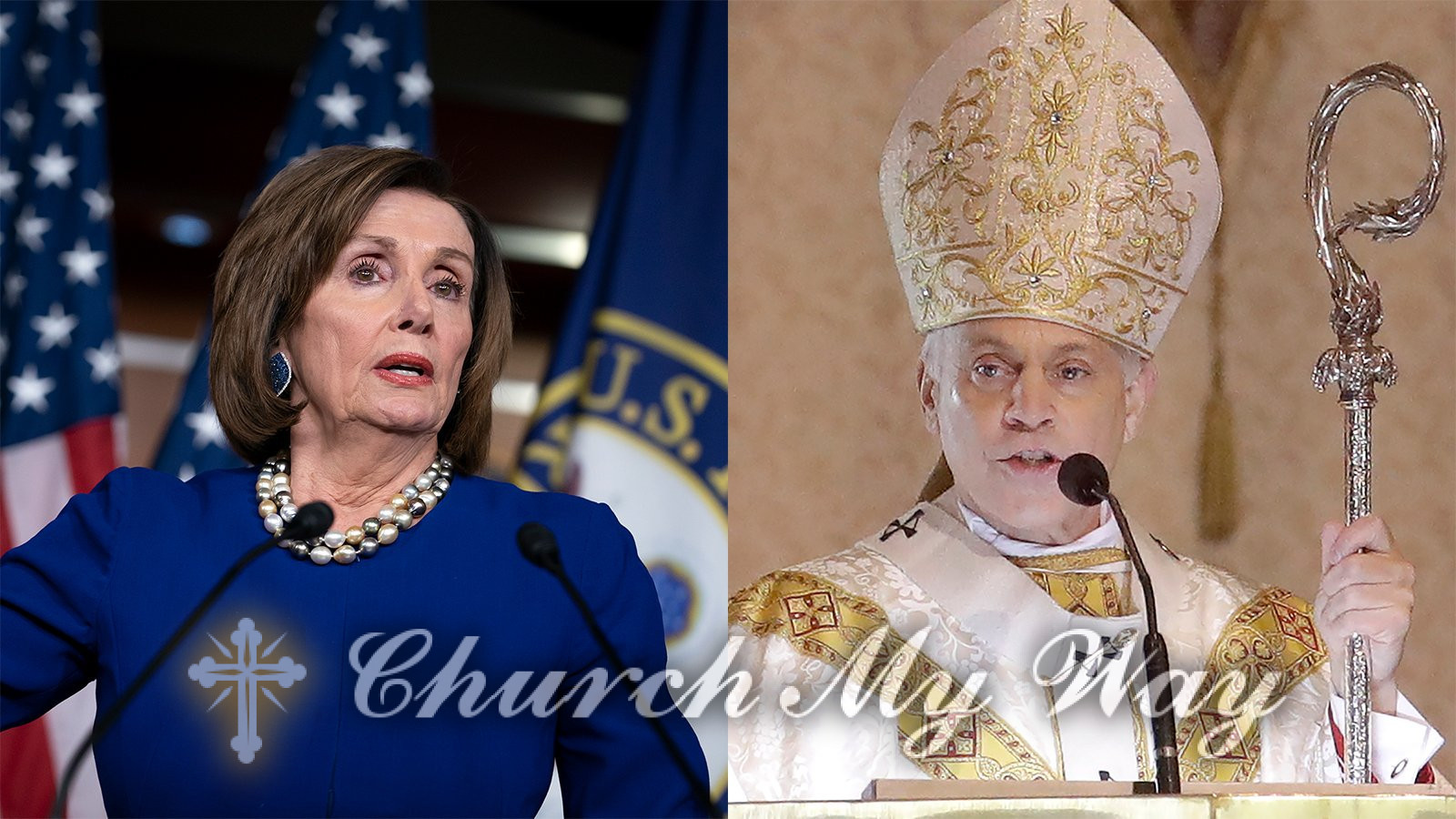 Speaker of the House Nancy Pelosi, left, in 2020. San Francisco Archbishop Salvatore Cordileone, right, in 2020. (AP Photos)