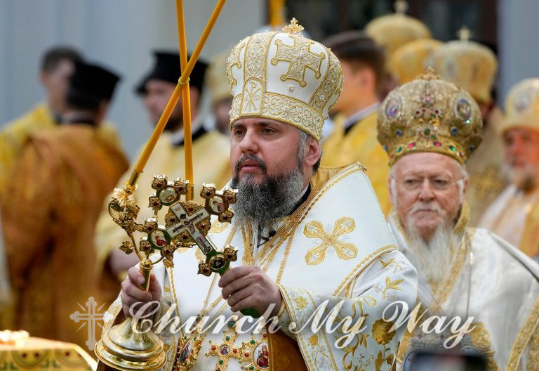 Head of the Ukrainian Church Metropolitan Epiphanius, left, and Ecumenical Patriarch Bartholomew I, right, the spiritual leader of the world
