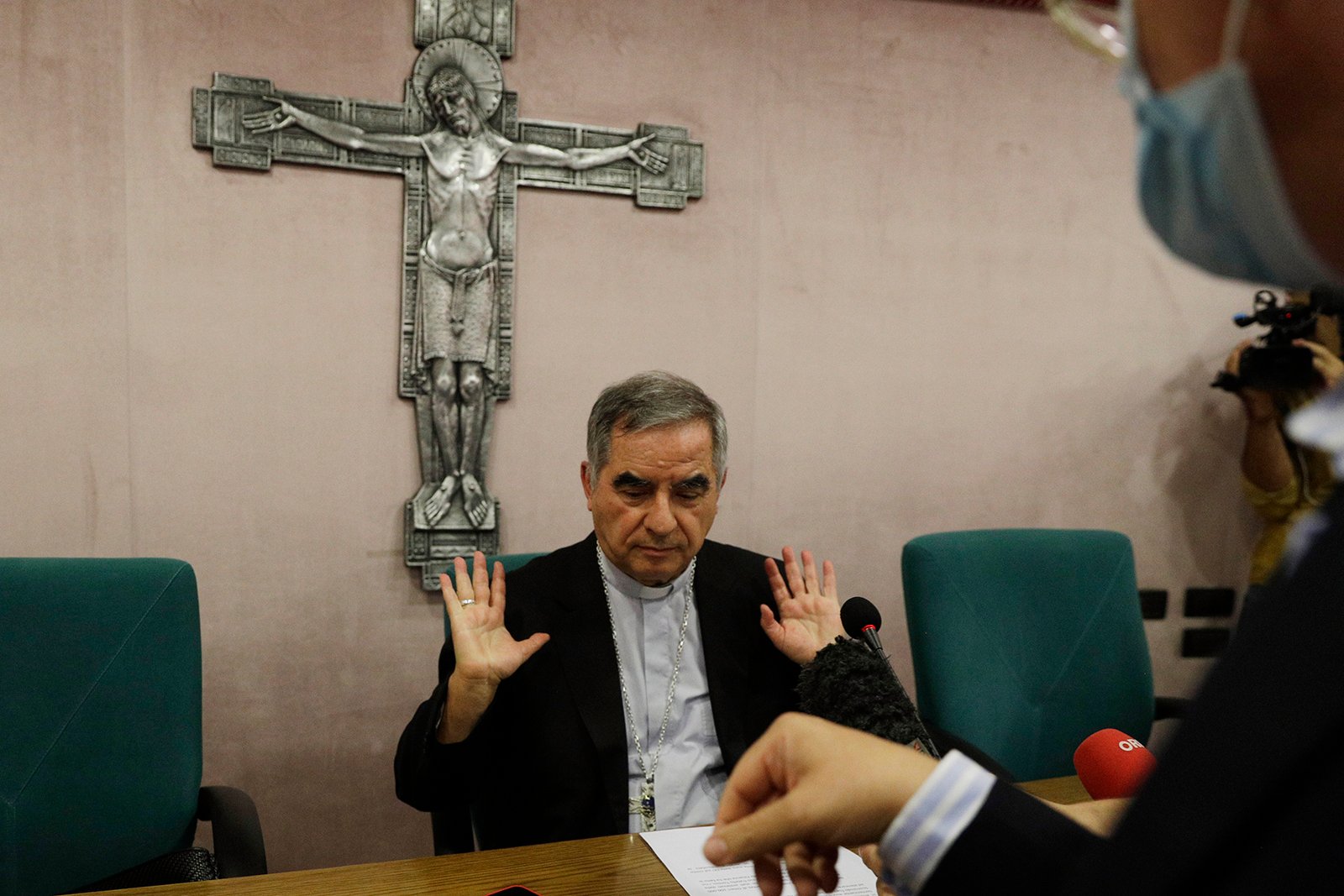 Cardinal Angelo Becciu talks to journalists during a news conference in Rome, in this Sept. 25, 2020, file photo. Pope Francis authorized spending up to 1 million euro to free a Colombian nun kidnapped by al-Qaida-linked militants in Mali, Becciu testified at the Vatican’s big financial fraud trial May 5, 2022, revealing previously top secret negotiations that Francis authorized to hire a British security and intelligence firm to find the nun and pay for her liberation. (AP Photo/Gregorio Borgia)
