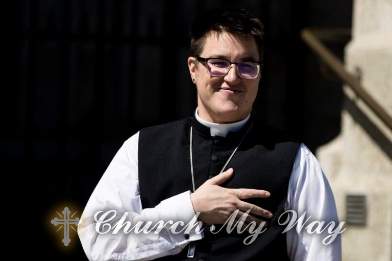 Bishop Megan Rohrer speaks to the press before their installation ceremony at Grace Cathedral in San Francisco on Sept. 11, 2021. Rohrer is the first openly transgender person elected as bishop in the Evangelical Lutheran Church of America. (AP Photo/John Hefti)