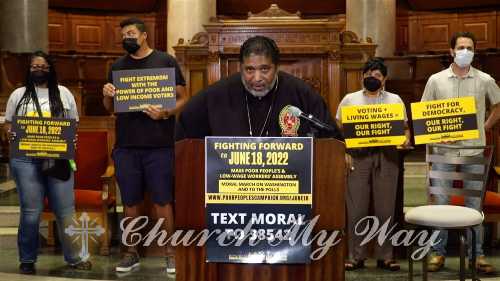 The Rev. William Barber speaks at National City Christian Church in downtown Washington, D.C., on Monday, June 6, 2022. Video screen grab