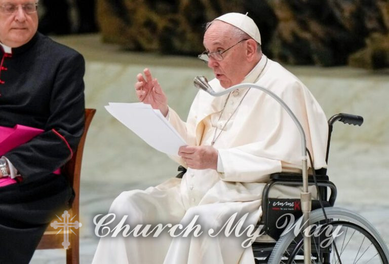 Pope Francis in a wheelchair delivers his address during an audience with members of the Italian Civil Aviation Authority (ENAC) in the Paul VI Hall at The Vatican, Friday, May 13, 2022. Pope Francis suffers from strained ligaments in his right knee. (AP Photo/Andrew Medichini)