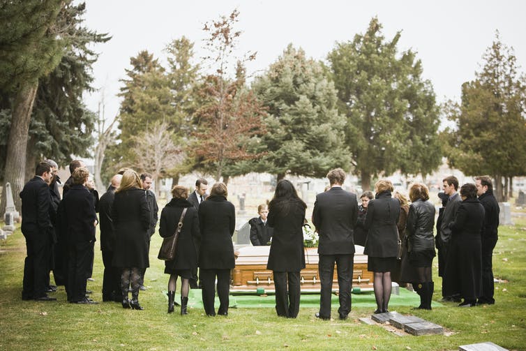 People in black standing around a coffin at a gravesite.