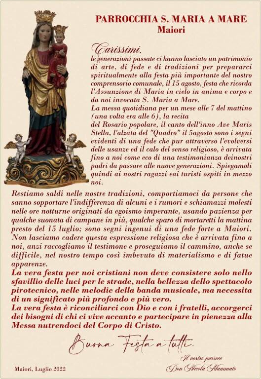 Maiori is preparing to celebrate the patron saint of Santa Maria a Mare.  The message of the parish priest Don Nicola Mammato 